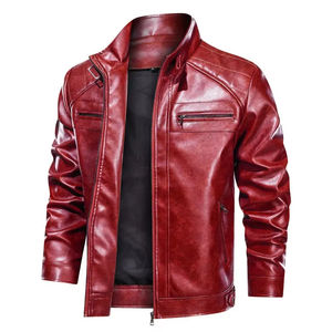 Veste en cuir de motard décontractée pour homme, automne-hiver, écologique, coupe-vent, patchwork, ourlet droit, poches latérales, col montant - Product Image 2