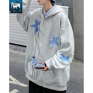 เสื้อฮู้ดซิปสีเทาแบบยูนิเซ็กซ์ แต่งดาวสีน้ำเงิน ทรงโอเวอร์ไซส์ ผ้าถักนิตติ้งลำลอง ใส่ได้ในฤดูใบไม้ร่วง - Product Image 2