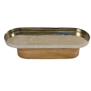 Bandeja para servir plateada de aluminio con tapa martillada, plato con base de acabado Natural de madera para servir dátiles de frutas - Product Image 2
