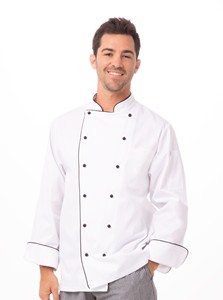 Veste de chef blanche à manches longues pour homme avec bordure et boutons noirs pour usage en restaurant - Product Image 6