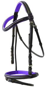 Nouvelle bride de confort en cuir violet pour chevaux rembourrée avec coutures contrastées - Product Image 3