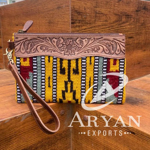 Handmade Multi Saddle Blanket <b>Purse</b> With Tooled Leather Western Style Genuine Leather Wristlet Clutch Luxury Wallet Gift for Her - Product Image 1