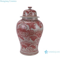RZSX82-C Jarre en porcelaine rouge sous glaçure antique de Jingdezhen avec motif de poissons et d'eau de mer