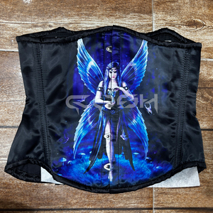 Corset de costume en satin noir avec imprimé féerique bleu et baleines en acier sous la poitrine par Cosh International |   Achetez maintenant - Product Image 4