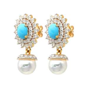 ต่างหูทองคำ14K ที่สง่างามพร้อมเทอร์ควอยซ์ธรรมชาติและไข่มุกที่ผสมผสานการเรืองแสงสดใหม่และเสน่ห์หรูหราเหนือกาลเวลา - Product Image 3