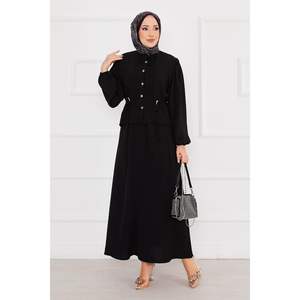 Conjunto negro de 2 piezas Hijab plisado en la cintura, ajuste holgado, estilo informal, cuello levantado, tejido, patrón tejido para primavera - Product Image 2