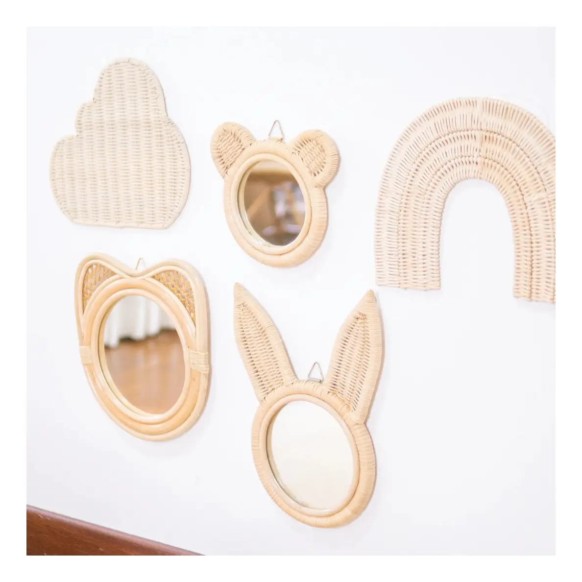 Küçük tavşan rattan ayna bebek odası için çocuk yatak odası dekorasyon hayvan şekilli aynalar toptan