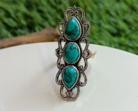 Bague Statement Triple Pierre en Argent 925 Plaqué Rhodium, Style Bohème, Turquoise Vintage de Qualité Supérieure, Coupe Poire, Certifiée IGI, Unique