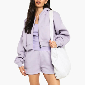 Nouvelle arrivée 2025 femmes 100% coton 2 pièces ensemble surdimensionné culture fermeture éclair à capuche court genou couleur unie respirant dentelle décoration - Product Image 2