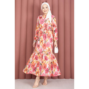 Vestido de Gasa Fucsia con Estampado Floral, Falda Fruncida y Cinturón, Silueta en A Casual, Cintura Natural - Product Image 4