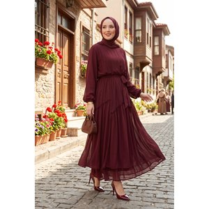 Vestido de Gasa Borgoña con Detalle de Volantes Asimétricos, Elegante y Modesto, para Fiestas, Moda de Día, Tallas XS-XL, Corte Imperio, Translúcido, ODM Disponible - Product Image 1