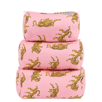 Ensemble de voyage 3 pièces matelassé en coton imprimé tigre, étui zippé vintage, écologique, résistant à l'eau, durable, grand format pour rangement de maquillage