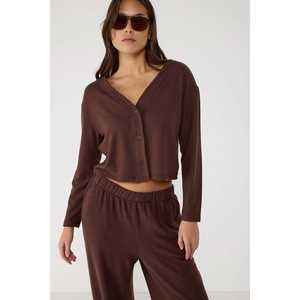 Brown V-Neck Button Detailed Soft Texture Crop <b>Cardigan</b> - Product Image 3