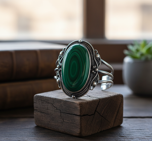 Hecho a mano Natural malaquita cabujón 925 plata esterlina oro rosa 14K oro bohemio hombres brazalete ajustable tamaño abierto - Product Image 1