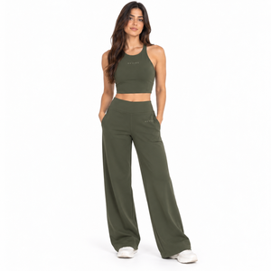 Women <b>Racer</b> Crop <b>Top</b> Relaxed Straight Leg Pants Two Piece Athleisure Set High Waist OEM Private Label Wholesale - Product Image 2