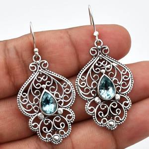 Boucles d'oreilles pendantes en topaze bleue pour femmes, bijoux en argent sterling 925, cadeau - Product Image 2