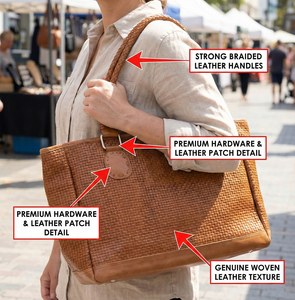 Bolso Tote de Mimbre Marrón Claro Hecho a Mano de Primera Calidad, Bolso de Mano de Cuero Ligero con Diseño Estructurado y Asas Trenzadas Tejidas a Mano - Product Image 2