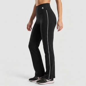 Leggings évasés taille haute noirs avec bande latérale décorative, fermetures éclair, taille élastique, tailles XXS-XXL, respirants, sportifs et sculptants - Product Image 1