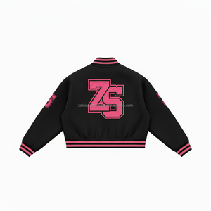 Veste universitaire en mélange de laine de qualité supérieure 320 GSM noir rose côtes contrastées broderie en chenille personnalisée Logo Design veste universitaire pour hommes - Product Image 2