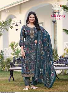 Premium Modal Seda Descarga Impreso Bordado Trabajo Estilo tradicional Indio Paquistaní Top Pant Dupatta Set ¡Lanzamiento en línea! - Product Image 5