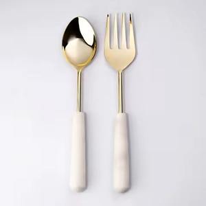 Handmade Long Embossed Broadly Ovate Leaf Design Salad Server Set White Marble Handle <b>Gold</b> Plated Metal - Product Image 1