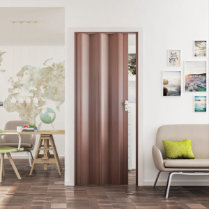 Puerta Plegable de PVC Corredera para Casa o Villa de Diseño Moderno con Cerradura de Aluminio Plateado y Nogal, Plegable de Madera Maciza y Plástico para Apartamento - Product Image 1