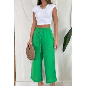 Pantalones anchos de lino verde al por mayor con cintura alta y característica transpirable - Product Image 2