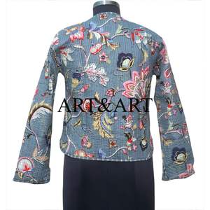 Chaqueta Informal Acolchada con Cuello en V para Mujer, Chaqueta de Algodón con Estampado Floral en Bloques, Blazer Hecho a Mano de Manga Corta y Larga para Mujer - Product Image 5