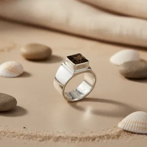 Anillo Boho Hecho a Mano para Hombre, Plata 925 con Cuarzo Ahumado, Topacio Cuadrado, Corte Princesa, Joyería de Platino para Enamorados - Product Image 2