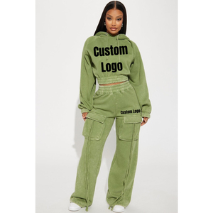 Sudadera y pantalón de gran tamaño para mujer con logotipo personalizado, sudaderas con capucha de lavado ácido con decoración de cinturón, trajes de pantalón de otoño e invierno - Product Image 1