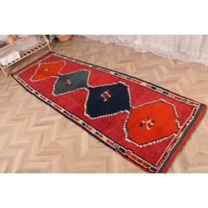 Turkish Rug, <b>Runner</b> 3.1x9.8 ft Vintage Rug, <b>Red</b> Blue Ombr Wool Rug - Product Image 3