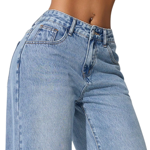Jean en denim ample taille haute pour femme, coupe décontractée, respirant, séchage rapide, tissé, bleu clair, délavage enzymatique, coton uni - Product Image 3