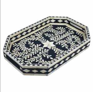 Bandeja Chintamani con Incrustaciones de Hueso Indio para Hogar, Hotel, Motel, Bandejas de Servicio, Bandeja Chintamani con Incrustaciones de Hueso en Color Gris a Precio de Mayoreo - Product Image 1