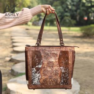 กระเป๋าโท้ทหนังวัวแท้ทำจากหนังวัวแท้มีซิปด้านหลังและมีซิปปิดไหล่แบบตะวันตกกระเป๋าถือสไตล์โบฮีเมียน - Product Image 2