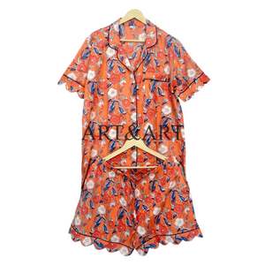 Ensemble de pyjama court d'été élégant pour femmes, imprimé à la main en coton, vêtements de détente, vêtements de nuit doux, lavable en machine, de haute qualité - Product Image 5