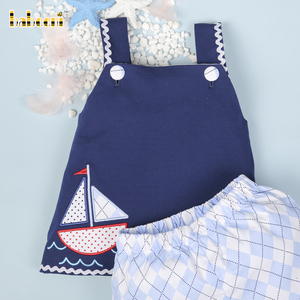 Ensemble de vêtements pour filles en coton 100% imprimé bleu marine de luxe, losanges, personnalisé OEM ODM, vente en gros auprès du fabricant vietnamien BB2728 - Product Image 6