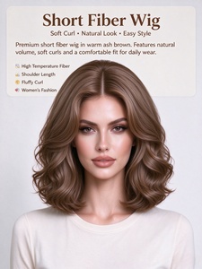 Short Ash Brown Fiber <b>Wig</b> Soft Curl <b>Synthetic</b> Hairpiece Natural Hairline Glueless Shoulder Length for Daily Wear - Product Image 1