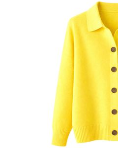 Women Bright Yellow Button Front Knit <b>Cardigan</b> Sweater <b>Long</b> Sleeve Soft Casual Winter Top With Polo Collar For <b>Ladies</b> Wear - Product Image 2