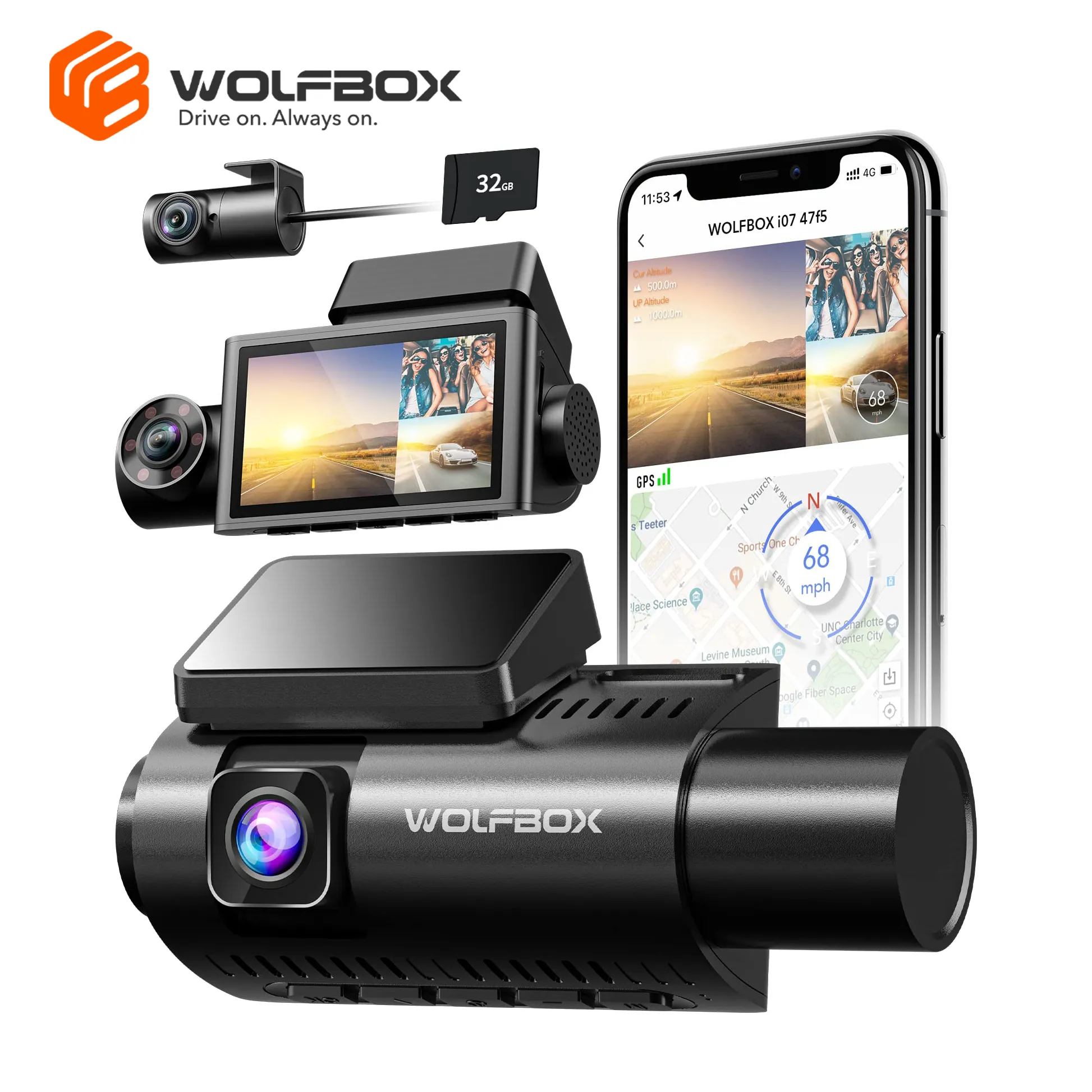 Wolfbox I07 3-канальный объектив передний внутренний задний 4k Wifi Gps Автомобильный видеорегистратор видеокамера видеорегистратор