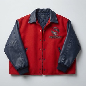 Chaqueta Bomber Personalizada al por Mayor con Parche de Equipo, Cuerpo de Lana Roja y Azul Oscuro, Mangas de Cuero, Cierre de Botones a Presión y Cuello Vuelto - Product Image 6