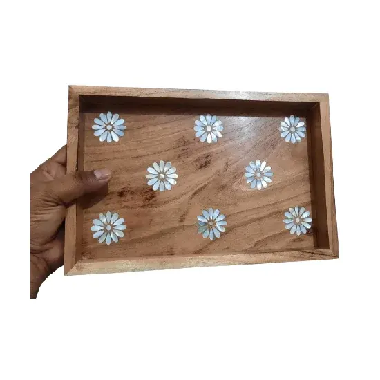 Desain unik dekorasi rumah pel kayu baki tatahan Plexi dasar India ibu dari mutiara baki tatahan produsen