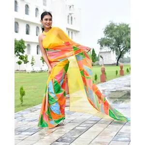 Sari jaune réversible fait main en organza, long jusqu'au sol, peint à la main, léger, pour les occasions festives et les mariages, pour femmes - Product Image 6
