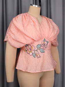 ATP060219 <span class=keywords><strong>Camicetta</strong></span> da Donna Primaverile con Maniche a Fiori Applicati in Jacquard <span class=keywords><strong>Arancione</strong></span> e Rosa - Product Image 3