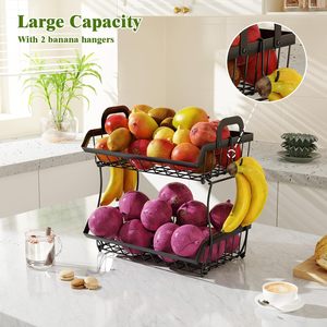 Corbeille à fruits à 2 niveaux Farmhouse pour le comptoir de la cuisine Support de panier de stockage des aliments en métal détachable - Product Image 2