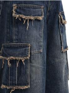 Jeans cargo à jambes larges bleus personnalisés pour femmes, pantalon en denim taille haute avec poches déchirées, streetwear, fabricant de mode - Product Image 2