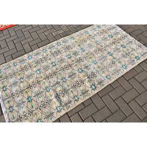 Alfombra Turca Vintage de 3.37x6.6 pies, Alfombra Decorativa, Alfombra con Diseño Floral Azul - Product Image 2