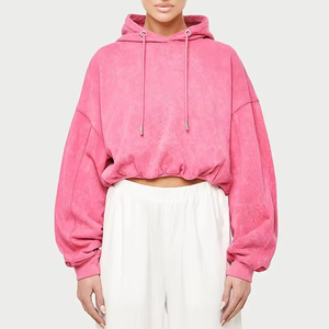 2024 nueva llegada de gran tamaño impreso Casual transpirable Rosa ácido lavado en relieve con capucha gimnasio Crop Top mujeres Otoño Invierno frente - Product Image 6