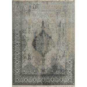 Alfombra de Lana Anudada a Mano del Extremo Oriente, 9x12, Gris y Negra, con Medallón Rectangular Abstracto, para Entrada, Pasillo, Modelo NKR-09 - Product Image 1