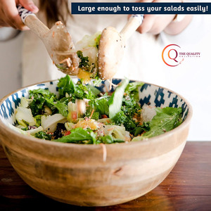 Cuenco de comida de madera de forma redonda pintada con esmalte estándar con cuchara y tenedor, cuencos de comida de mesa para hoteles y restaurantes de India - Product Image 3