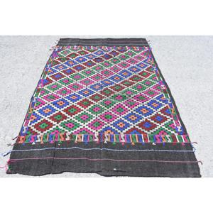 Alfombra Kilim Vintage de 4.9x7.6 pies, Alfombra Turca Marroquí Azul con Parches, Lana Ecológica con Respaldo de Látex - Product Image 1
